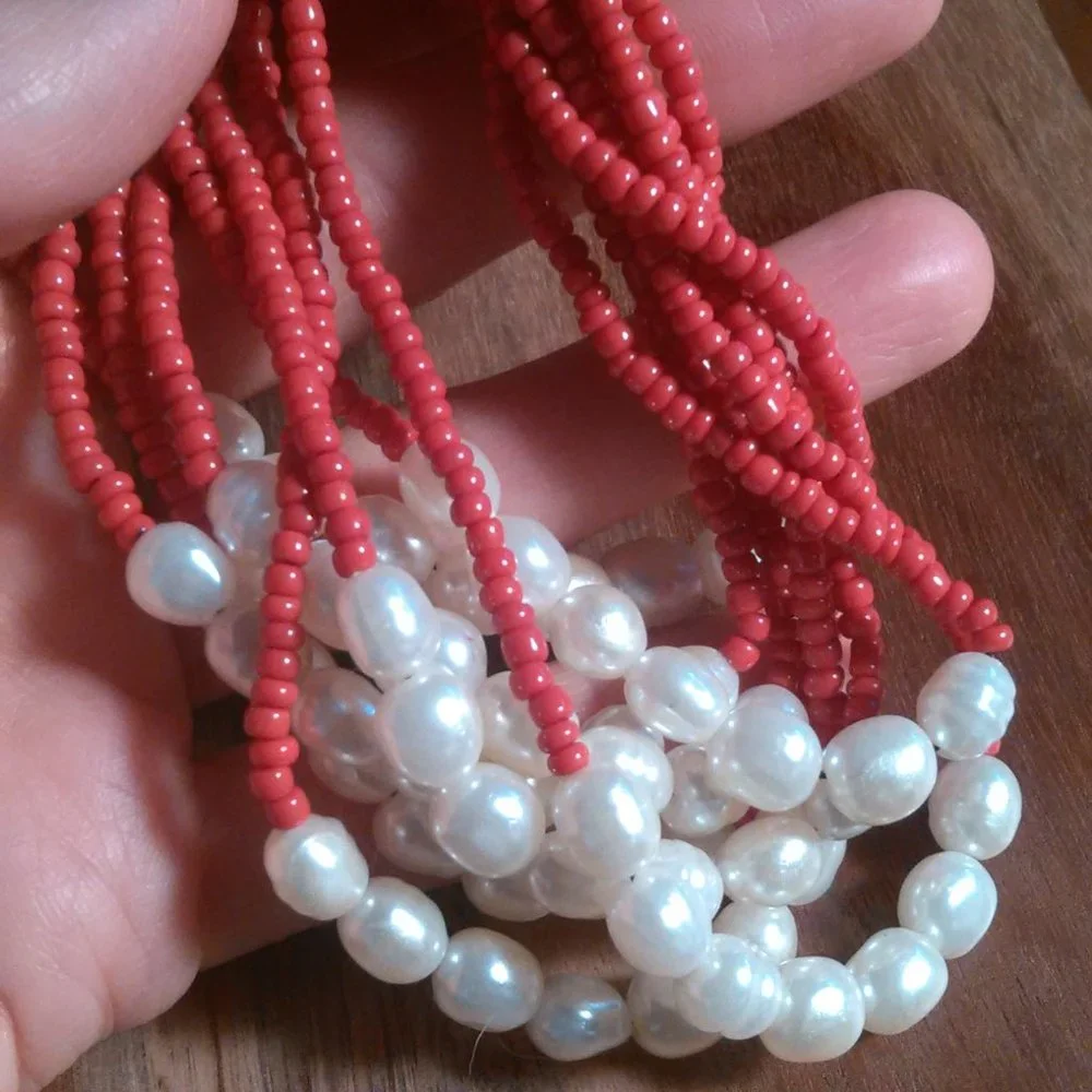Red Seed Bead and Faux Pearl Multi-Strand Stretch Bracelet